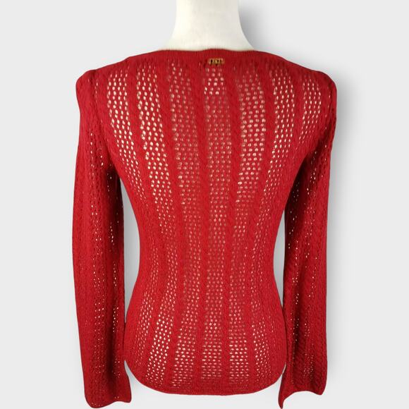 St. John Sport Crocheted Sweater Scoop Neck Bell Sleeves Red Size Petite - Picture 3 of 8